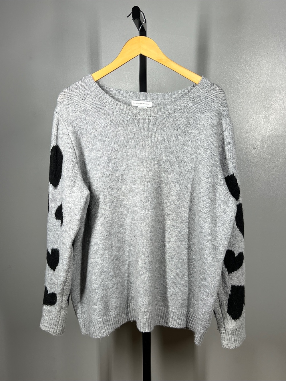 cupcakes & cashmere Grey Crewneck Sweater with Black Heart Sleeves